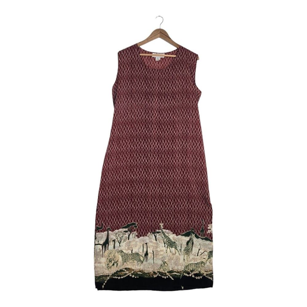 Vintage 90s Top Secret Dress 1XL Burgundy Safari Border Print Midi Maxi